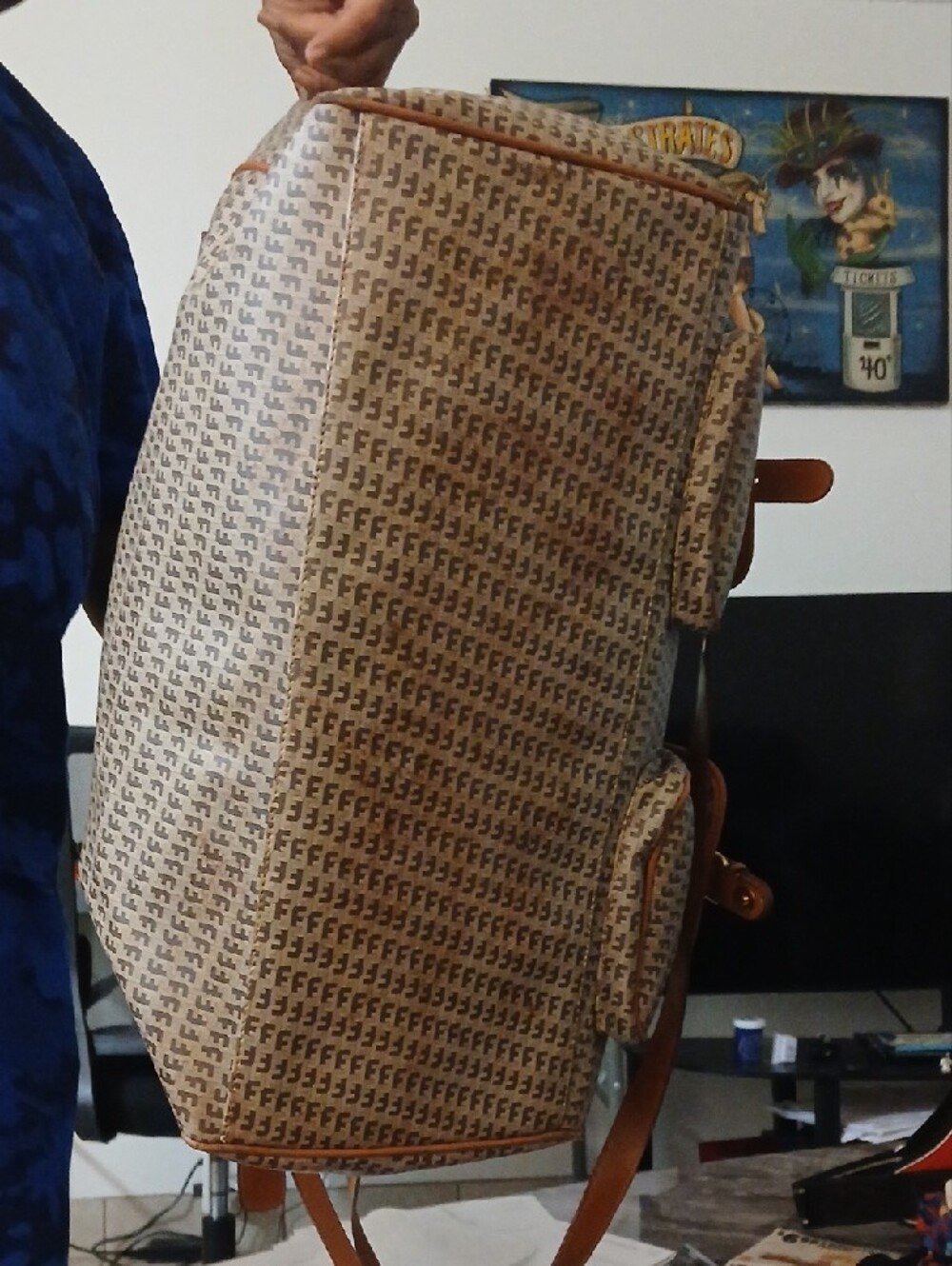 Vintage Leather-Trimmed Tan Patterned Weekender Bag - Picture 3 of 8